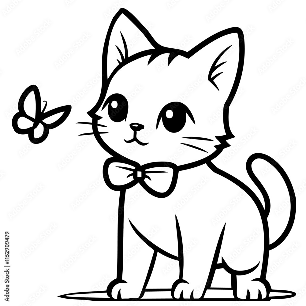 Cute kitten with bow tie playing with butterfly line drawing coloring pages vector illustration. This coloring page is ideal for children coloring book aged 1-3 Cute kitten with bow tie playing with butterfly line drawing coloring pages vector illustration. This coloring page is ideal for children coloring book aged 1-3