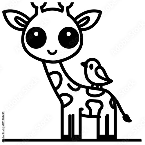 Cute Giraffe calving with bird sitting on his back simple line drawing coloring pages for toddlers illustration vector. This coloring page is ideal for children coloring book aged 1-3
