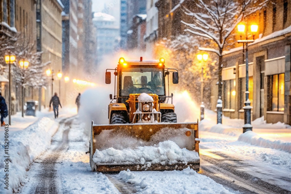 A snow plow is driving down a street in the snow A snow plow is driving down a street in the snow