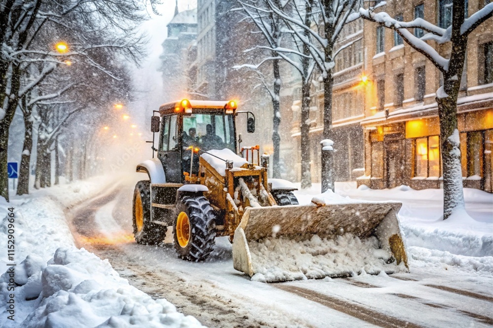 A snow plow is driving down a street in the snow A snow plow is driving down a street in the snow