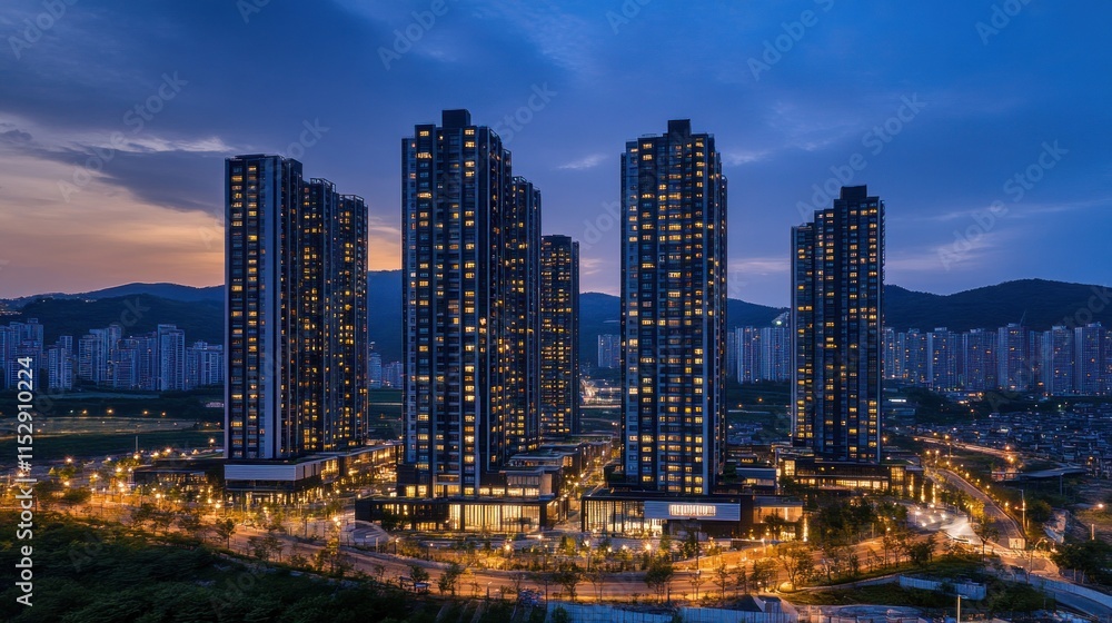 Naklejka premium A nighttime view of modern high-rise buildings illuminated against a twilight sky.