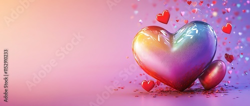 3D Render of a Colorful Rainbow Heart and Red Love Hearts on a Purple Background with Copy Space, a Romantic Valentine's Day Theme  
