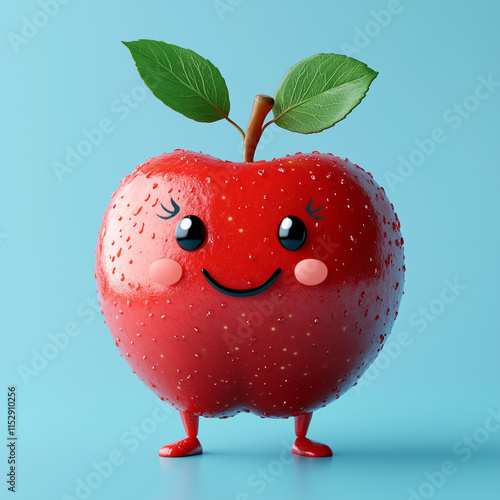 Happy Cartoon Apple Character With Cute Face on Blue Background photo