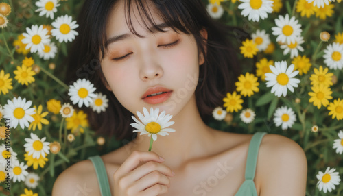 Portrait of a Asian Woman Holding a Daisy Flower Amid Blooming Daisies