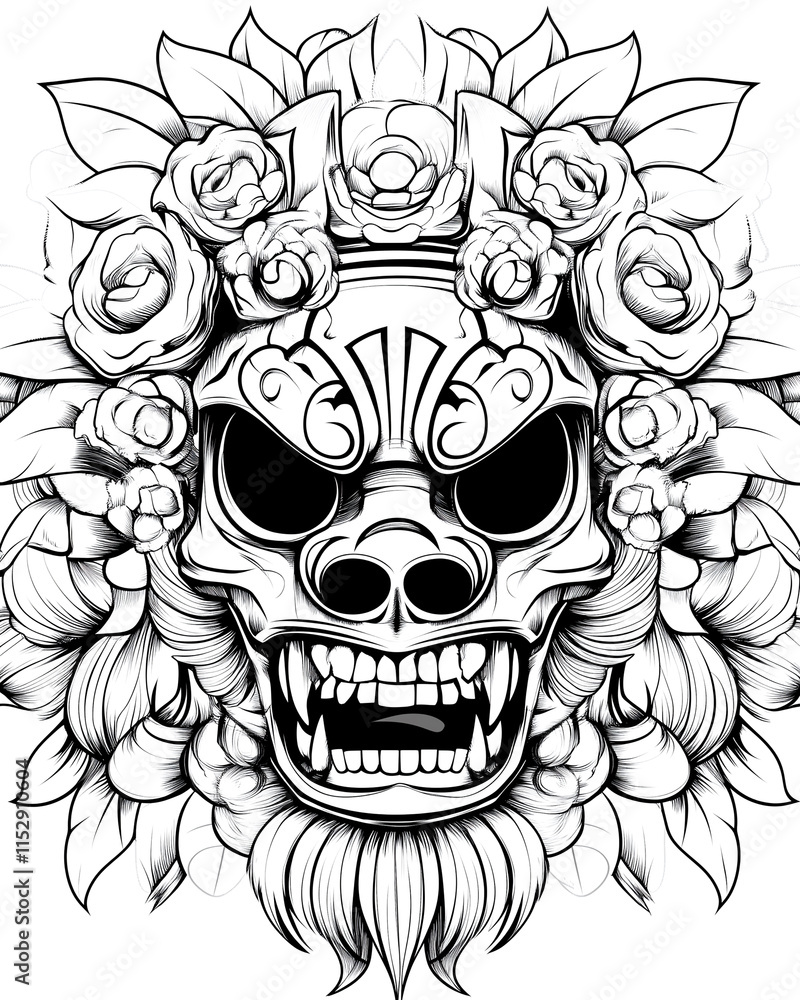 Fototapeta premium A skull with a flowery design on it. The skull has a menacing look and is surrounded by flowers