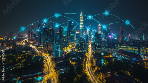 Wallpaper Mural Abstract businesswoman stands on the peak of success Smart digital city with connection cyber security network reciprocity over the cityscape future wireless digital city and social media networking Torontodigital.ca