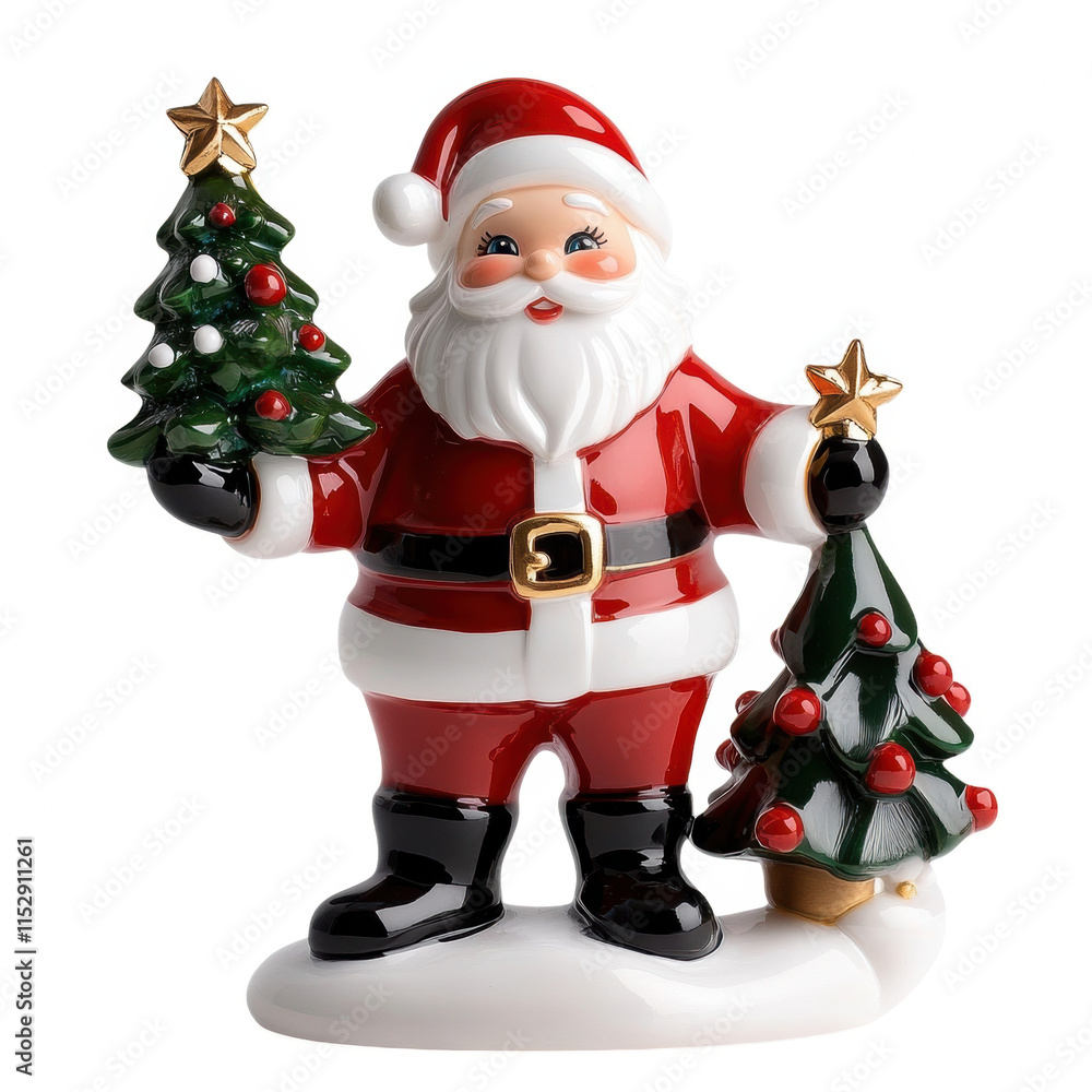 Santa figurine holding Christmas tree, festive decoration for holidays, cheerful and traditional spirit of Christmas Santa figurine holding Christmas tree, festive decoration for holidays, cheerful and traditional spirit of Christmas