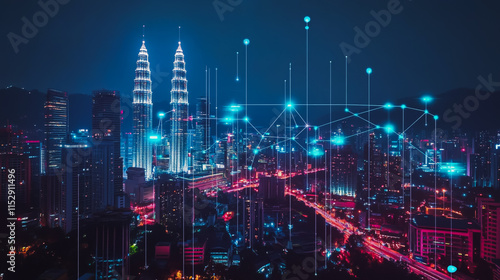 Wallpaper Mural Abstract businesswoman stands on the peak of success Smart digital city with connection cyber security network reciprocity over the cityscape future wireless digital city and social media networking Torontodigital.ca