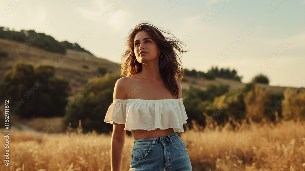 Woman in White Top Gazing at Golden Sunset Woman in White Top Gazing at Golden Sunset