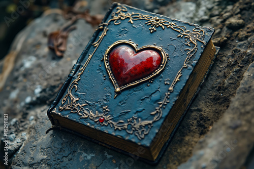 A book with a red heart on top of it