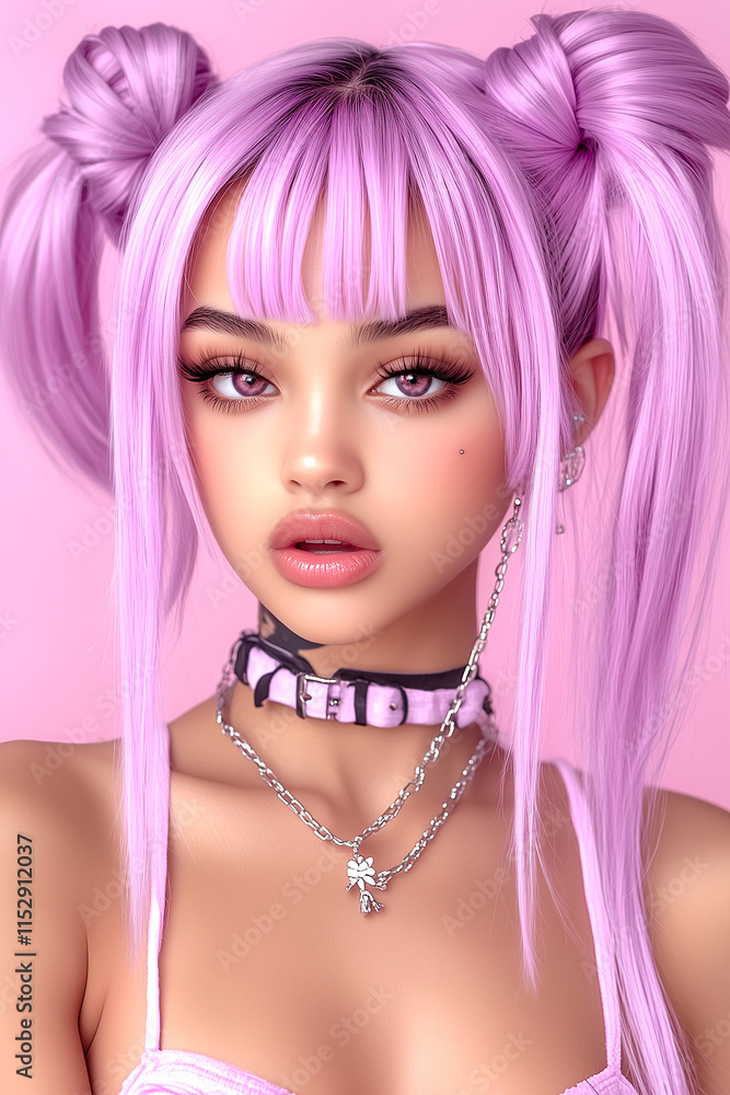 Fototapeta premium A woman with long pink hair and a pink necklace. The necklace has a key on it. The woman has a very pretty and cute look
