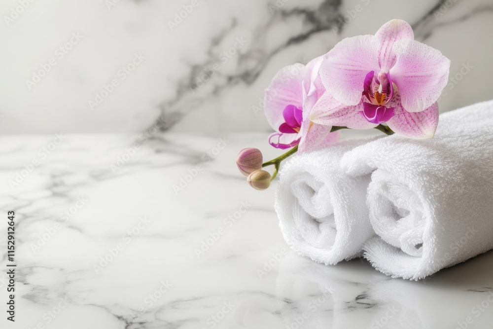 Relaxing spa experience with rolled towels and fresh orchids on marble surface tranquil ambience luxury setting serene environment for ultimate rejuvenation Relaxing spa experience with rolled towels and fresh orchids on marble surface tranquil ambience luxury setting serene environment for ultimate rejuvenation