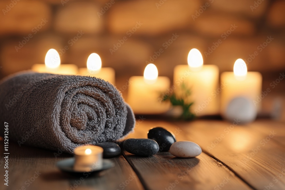 Relaxing spa experience with rolled towel smooth stones and candles on a standard surface in a tranquil setting for ultimate calmness
