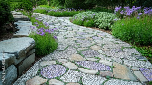 Fototapeta Naklejka Na Ścianę i Meble -  A picturesque garden path with mosaic-like stones surrounded by delicate greenery and tiny purple flowers weaving through the cracks. A natural stone wall along the edge complements the organic theme.