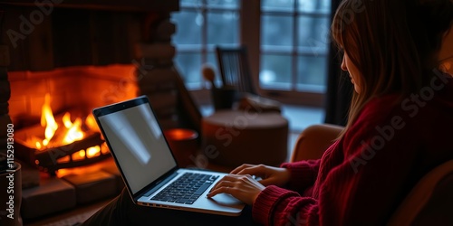 Corywriter typing on laptop keyboard with warm firelight glowing in background, warm, writer photo