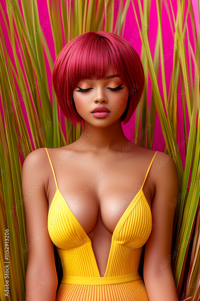 A woman with red hair and a yellow dress is posing for a photo. The photo is colorful and vibrant, with the woman's outfit and the background creating a lively atmosphere A woman with red hair and a yellow dress is posing for a photo. The photo is colorful and vibrant, with the woman's outfit and the background creating a lively atmosphere