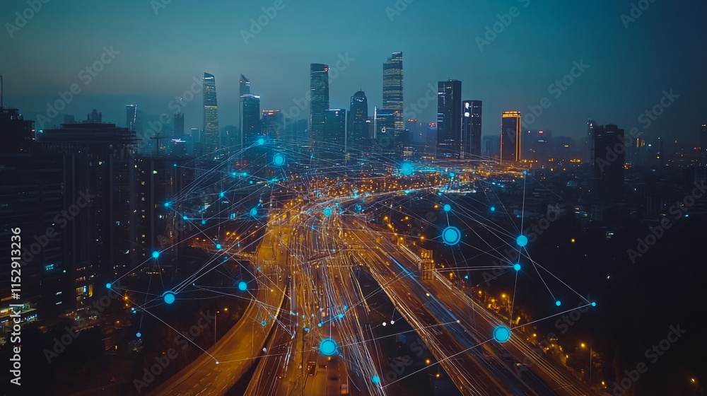 Fototapeta premium Abstract businesswoman stands on the peak of success Smart digital city with connection cyber security network reciprocity over the cityscape future wireless digital city and social media networking