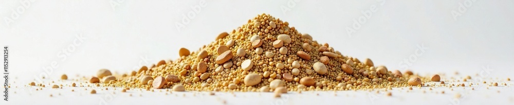 Towering pile of glittering golden pebbles on a snowy white backdrop, landscape, metallic Towering pile of glittering golden pebbles on a snowy white backdrop, landscape, metallic