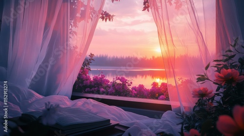 Pink and black pastel aesthetic, dreamy and beautiful soft pink light in the morning, ethereal and dreamlike, white sheer curtains blowing gently in the wind, beautiful flowers outside .