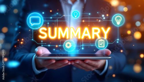 A professional image of hands holding a tablet with "SUMMARY" glowing at the center, surrounded by circular icons for chat, settings, ideas, and tasks. Digital Summary Display