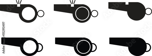 Referee whistle flat icons set. Equipment for sports, football, fitness. Sound blowing tool. Accessory for trainer, police, lifeguard duty and referee vectors isolated on transparent background.