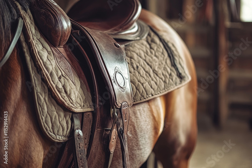 A horse stands beside a well-made leather saddle in a stable