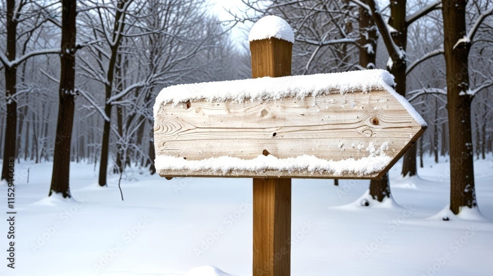 Naklejka premium A wooden sign blanketed in snow indicates a tranquil winter pathway, framed by snow-covered trees, inviting passersby to explore the serene winter landscape ahead