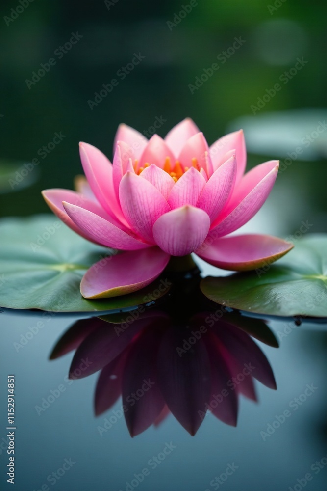 Water lily pad with large pink water lily on calm lake surface, waterlily, reflection Water lily pad with large pink water lily on calm lake surface, waterlily, reflection