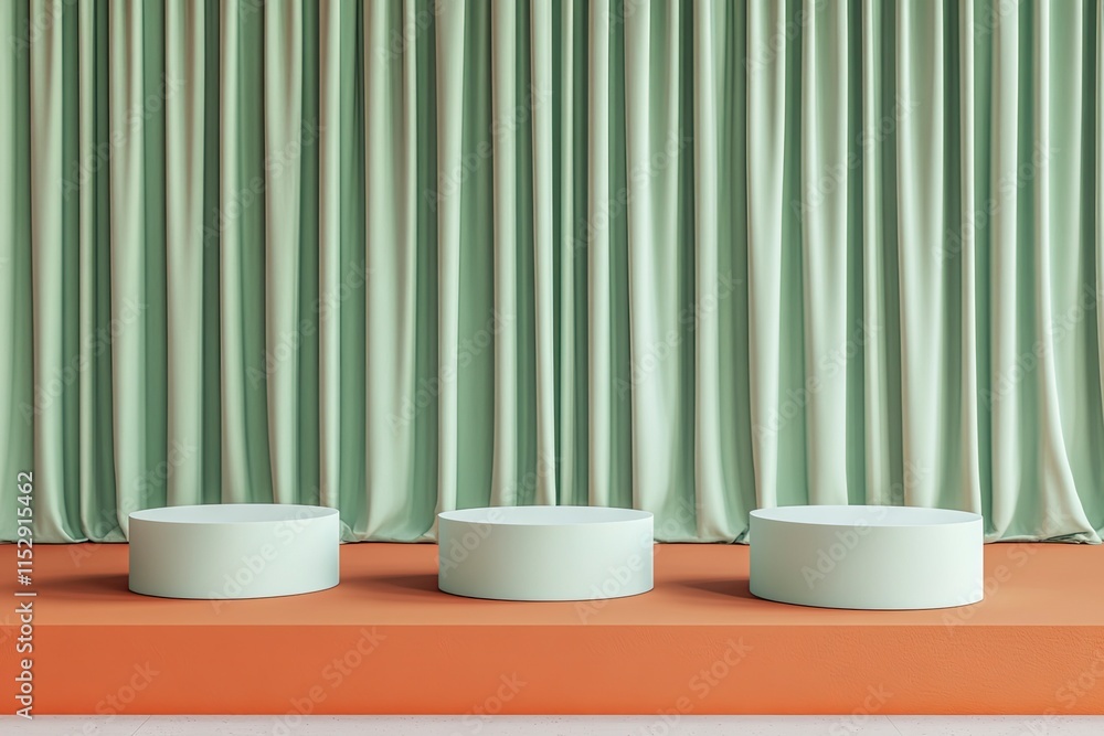 Abstract Scene with geometrical forms, green curtain, minimal orange background, 3 podiums, pastel platform, product mock up, 3D rendering Abstract Scene with geometrical forms, green curtain, minimal orange background, 3 podiums, pastel platform, product mock up, 3D rendering