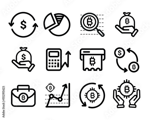 Financial Icons for Cryptocurrency and Money Management. collection of line icons representing financial concepts related to cryptocurrency, budgeting, and economic analysis.