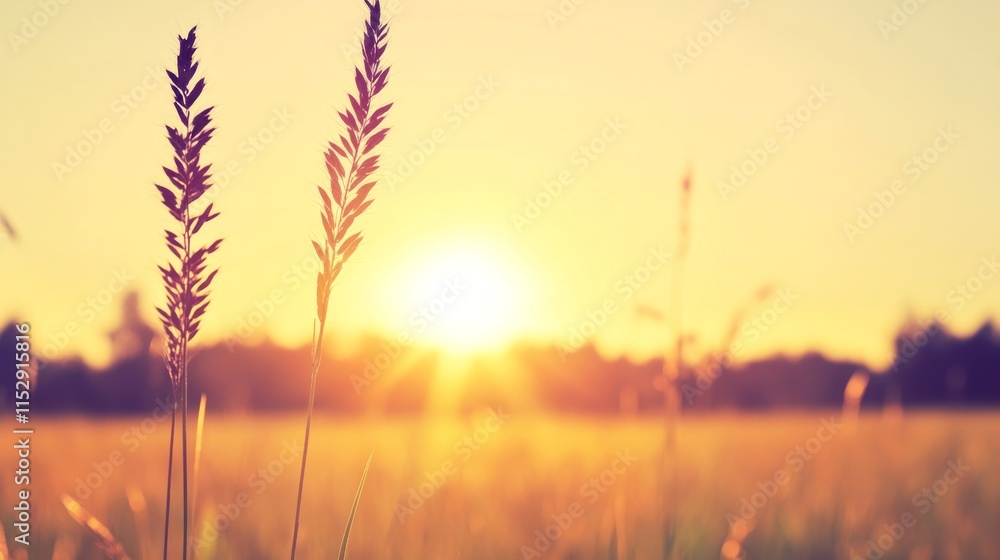 Fototapeta premium Golden Hour Meadow Sunset Serenity and Grass Blades