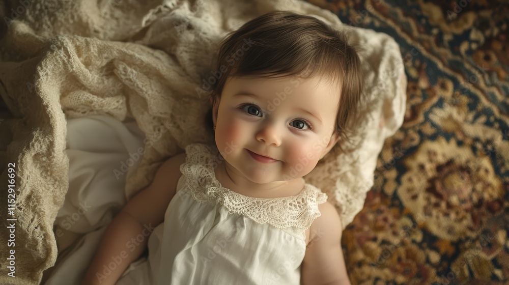 Portrait of a happy smiling baby girl with open eyes wearing a white dress Portrait of a happy smiling baby girl with open eyes wearing a white dress