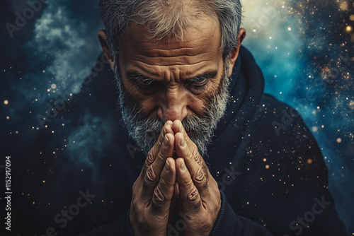 A man with a beard and a beard is praying with his hands clasped together