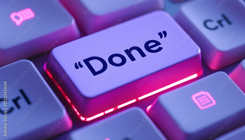 Done Key on Illuminated Keyboard, High-Tech Concept Image Done Key on Illuminated Keyboard, High-Tech Concept Image