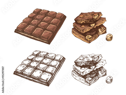 Hand-drawn chocolate bar with nuts and chocolate pieces vintage colored and monochrome illustration