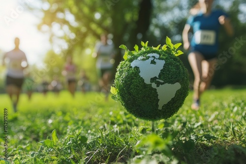 Earth Day-themed charity run or walk event with participants in eco-friendly gear, energetic and dynamic scene  photo