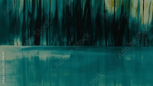 Abstract teal and black watercolor painting of trees reflected in still water.