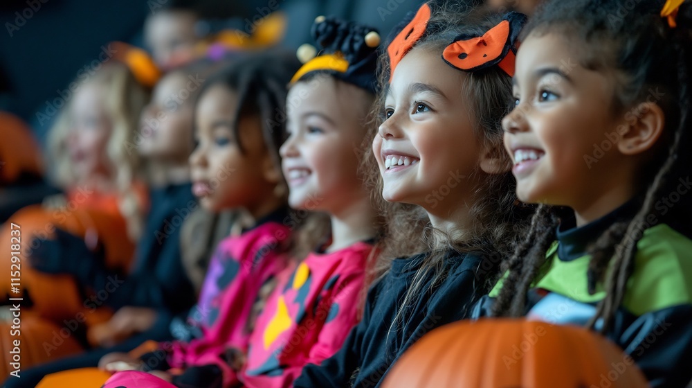 Fototapeta premium Multiracial Halloween kids a school concert with a realistic poster and a writing space left