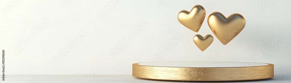 Obraz premium Three floating golden hearts above a round wooden platform, set against a white isolated background, perfect for romantic themes and decorations.