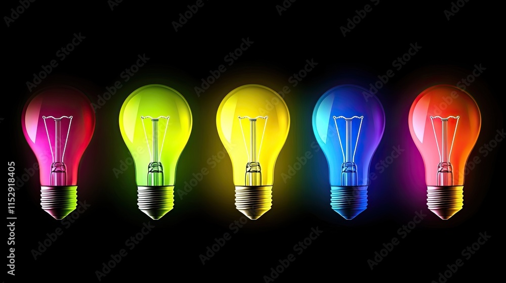 Colorful Light Bulbs in a Row with Vibrant Neon Glow Effects Colorful Light Bulbs in a Row with Vibrant Neon Glow Effects