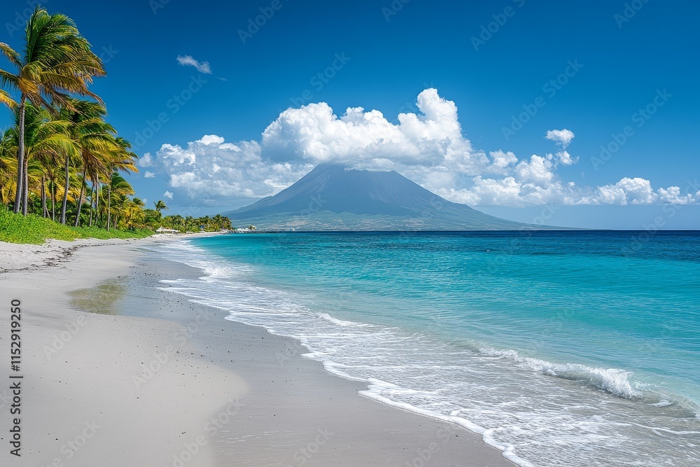 Beautiful sandy beach with palm trees, Saint Eustatius Piton mountain, clear blue sky, and clouds on the colorful island of St. Eustatius.