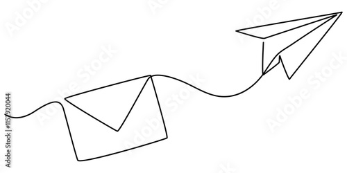 Continuous single line sketch drawing of envelope mail with flying paper plane sending letter and email message concept one line art vector illustration, Drawing of continuous editable one line flying