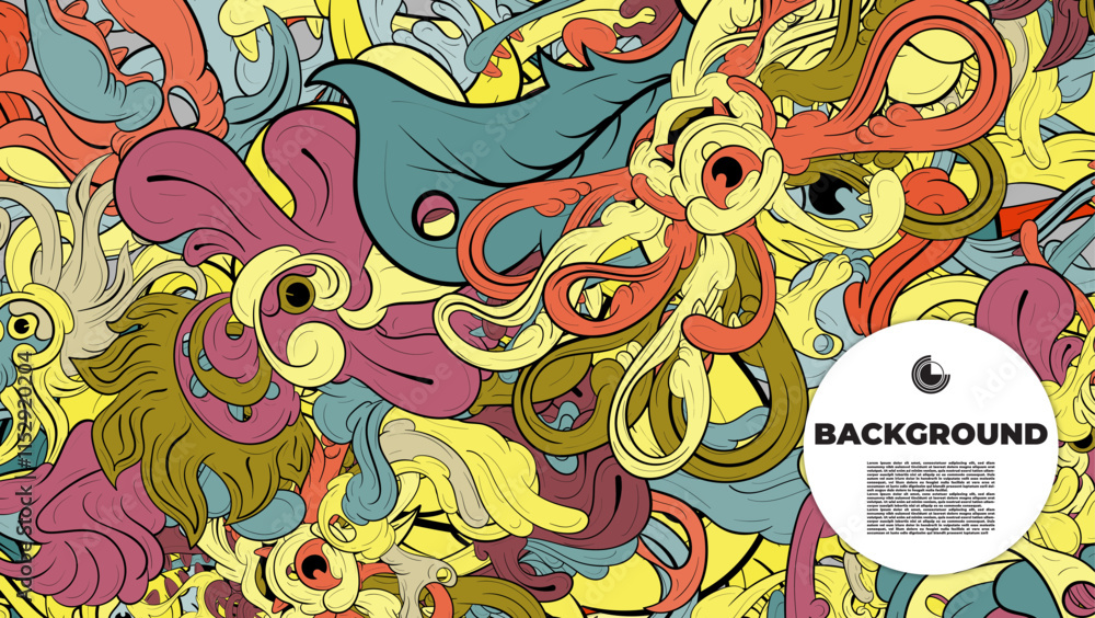 Fototapeta premium Colorful doodle art with various elements. it is suitable for background, book cover, cover, template, flayer, summer project. it is also useful for coloring book project.