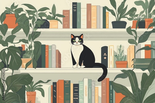 Cat perched on a bookshelf, surrounded by books and plants, stylish living room setting  photo