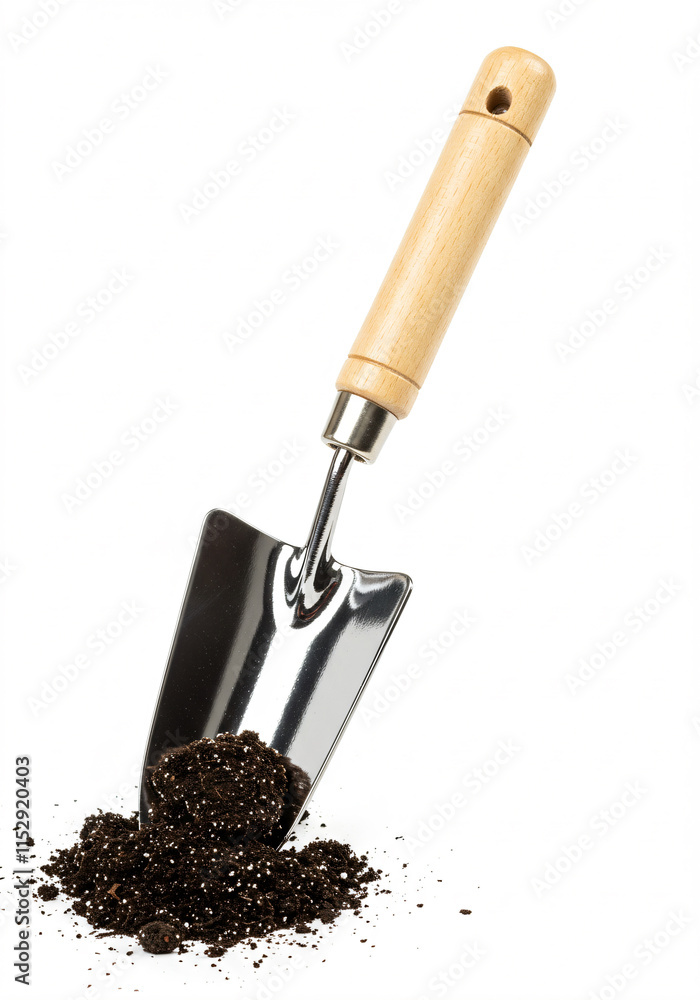 A gardening trowel with soil on a white surface. A gardening trowel with soil on a white surface.