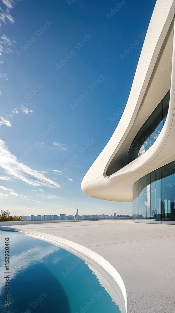 Fototapeta premium White modern building facade, swimming pool outside the building