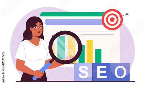 Woman SEO specialist. Young girl with magnifying glass evaluates graphs and diagrams. User behavior analysis. Promoting web page on Internet, marketing. Flat vector illustration