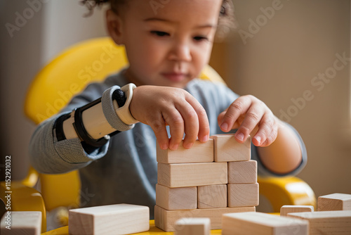 Child with a limb difference building with blocks, representing determination and play photo