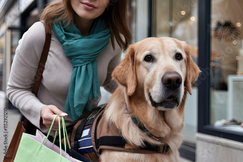 Young woman with a service dog shopping independently, embracing freedom photo