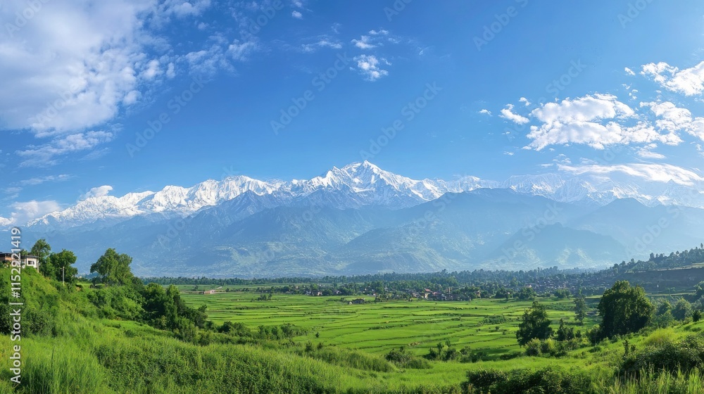 A panoramic view of majestic mountains and lush green fields under a blue sky. A panoramic view of majestic mountains and lush green fields under a blue sky.